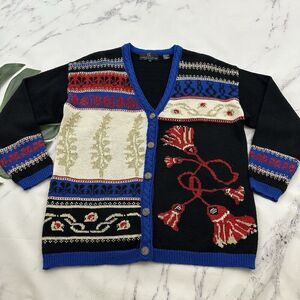 Carole Little Womens Vintage 90s Cardigan Sweater Size M Black Blue Chunky Wool